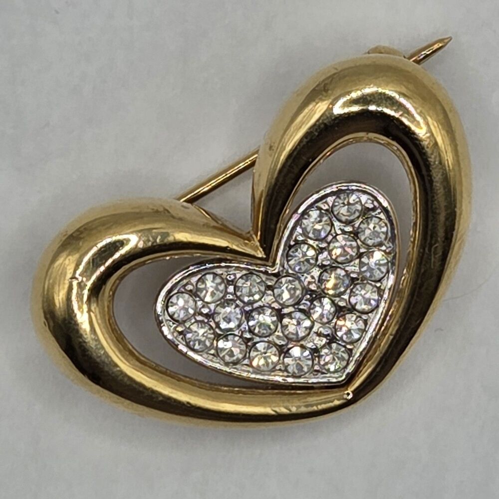 Vintage Attwood & Sawyer Gold Plated Swarovski Crystal Heart Pin Brooch 1 in.